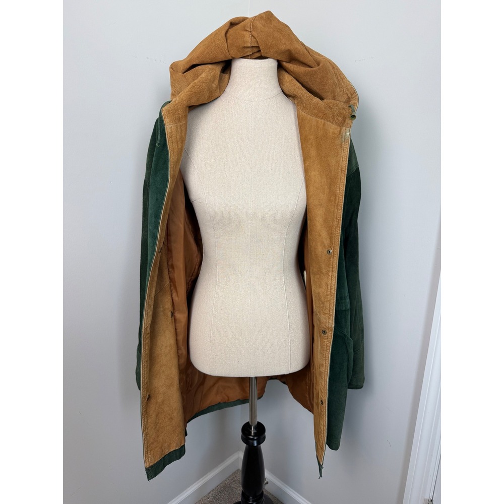 Vintage 80s Green Suede Leather Hooded Parka Coat Oversized Shoulder Pads
